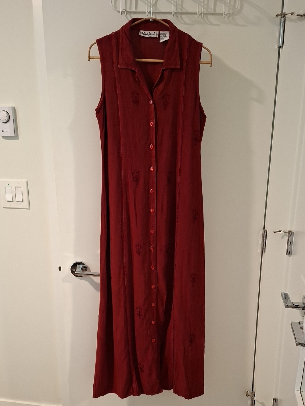 Vintage 90's Maxi Sleeveless Embroidered Red Tie-back Detail Dress (Size M)